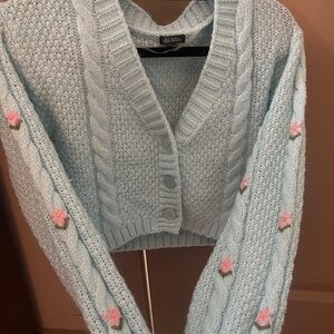 Cropped pink flower mint cable knit button cardigan